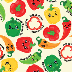 Seamless Pattern with Cute Bell and Chili Peppers with Text on Cream Background