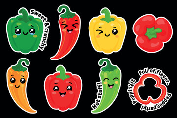 Kawaii Pepper Sticker Set Colorful Sweet and Spicy Peppers on Black Background