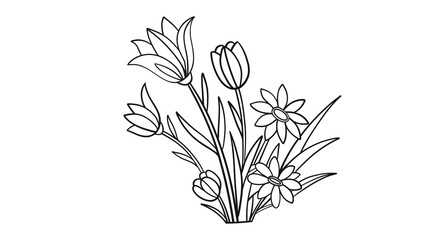 Elegant Floral Line Art Bouquet Outline Drawing for Design