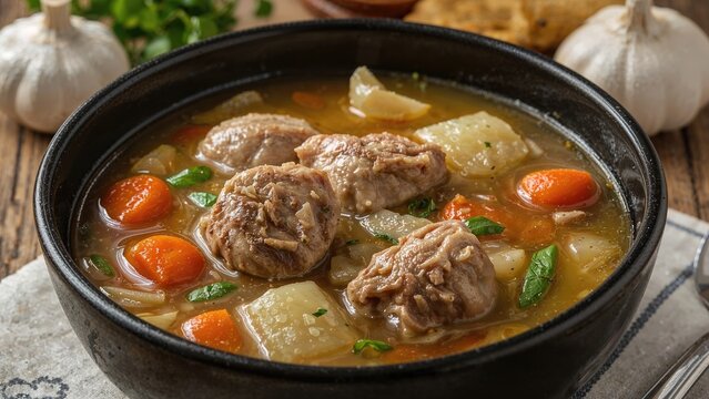 Hearty bowl of mixed meat and vegetable stew showcasing three meat kinds, placed on a wooden table, horizontal
