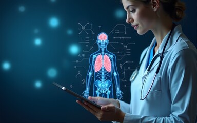 doctor using tablet with digital human anatomy and brain interface, smart healthcare, AI diagnosis, and future medical innovation technology. health check concept. High quality