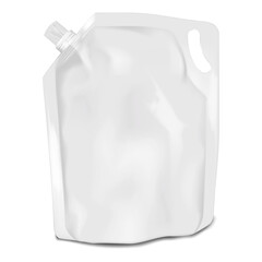 White blank spouted stand-up pouch with die cut handle. Realistic 3d vector mockup. Nozzle plastic bag with screw cap. Mock-up. Liquid product big volume reclosable packaging. Template for design