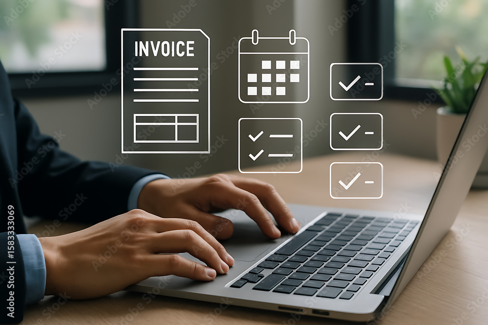 Poster typing on laptop with invoice icon and checklist elements representing accounting schedule managemen