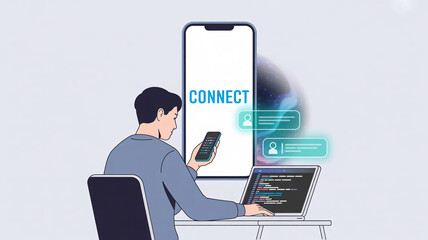 User Engaging with Devices in Modern Workspace, Technology Illustration, Contemporary Environment