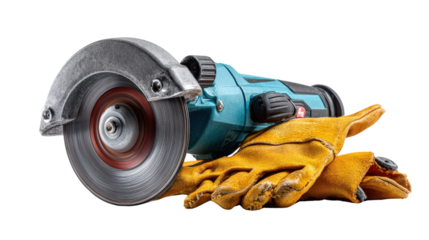 Angle grinder with protective gloves placed beside background isolated on a Transparent background, PNG file.