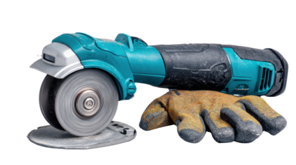 Angle grinder with protective gloves placed beside background isolated on a Transparent background, PNG file.