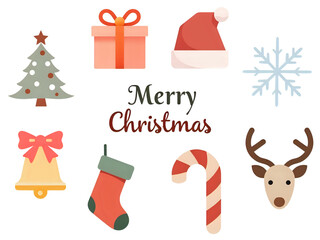 Festive Christmas icons: tree, gifts, Santa hat, snowflake, reindeer, bell, stocking, candy cane.