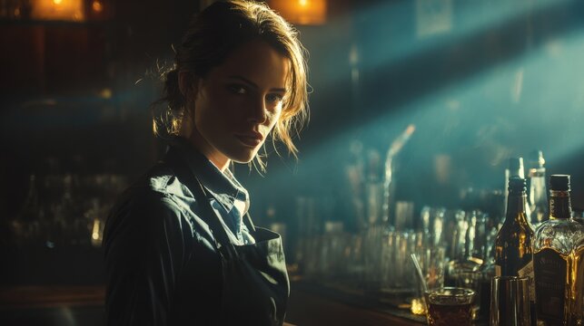 Graceful bartender woman with serious expression crafting drink in moody light bar - Powered by Adobe