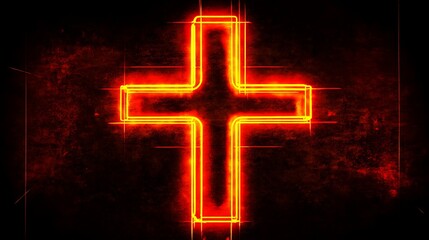 Fiery glowing cross on dark background
