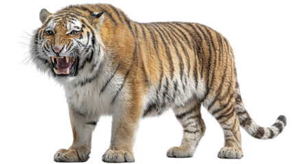 Obraz premium Angry tiger with fur raised and claws out captured mid-roar isolated on a Transparent background, PNG file.