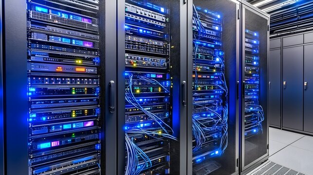 Close up view of server racks in a data center.