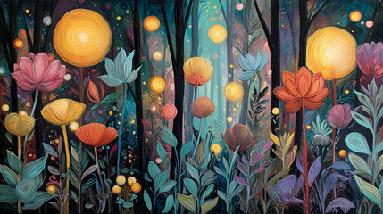 Whimsical floral forest with glowing orbs