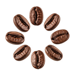 Photo of a circular arrangement of freshly roasted coffee beans, showcasing their rich brown color and textured surface, isolated on a transparent background