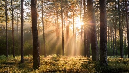 the bright sun shines through the branches of the forest creating a glare of light happiness in the early morning
