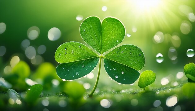 bright green clover leaf in the foreground glistening with various sizes of water droplets with a lush green background