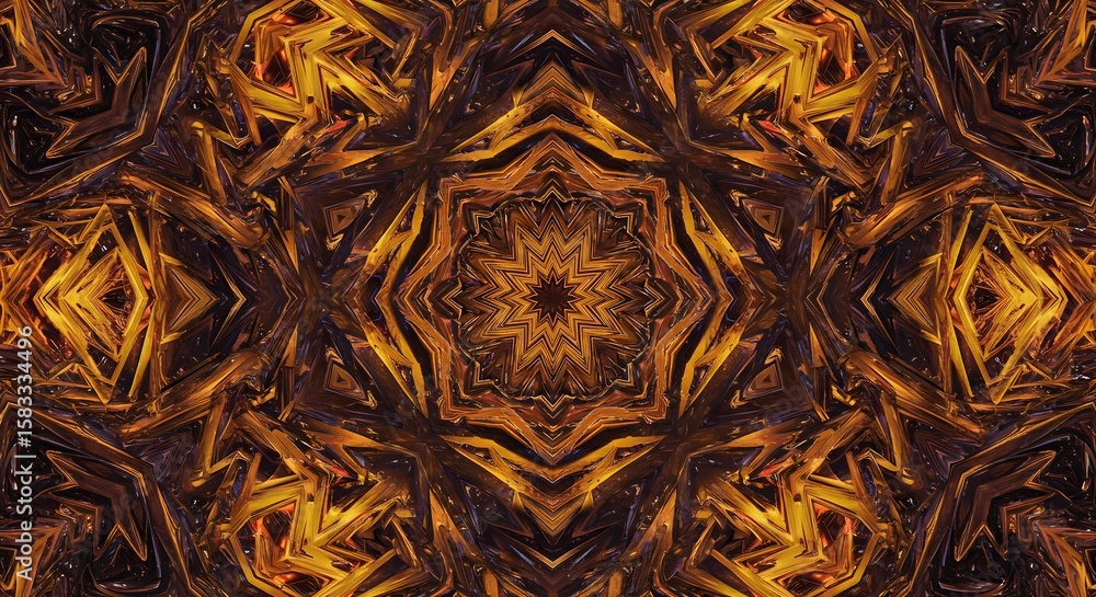 Poster abstract kaleidoscopic pattern featuring intricate symmetrical designs in shades of gold, brown, and