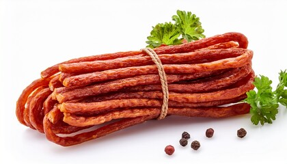 smoked pork kabanos on white background