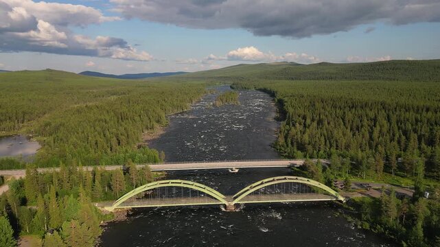 Aerial drone view capturing the E45 highway bridge and nearby railway bridge