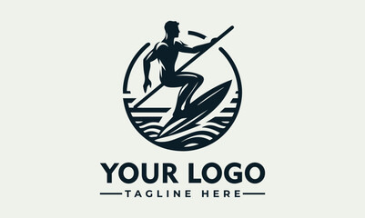 Silhouette of a surfer riding a wave inside a circular emblem.