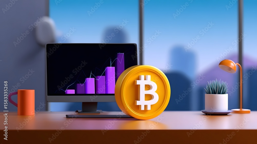 Poster bitcoin and cryptocurrency trading workspace with computer monitor and growth chart.