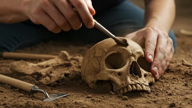 Archaeologist brushing soil from a skull during excavation. Dust, tools, and textured ground. Realistic and detailed scene. Perfect for science and historical visuals. No visible face.