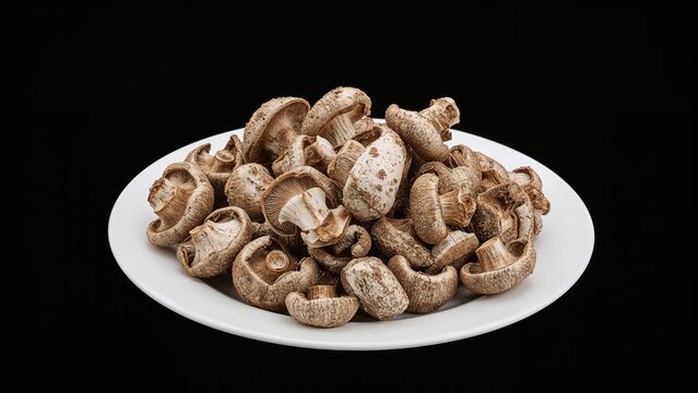 Velvet pioppini mushrooms, also called poplar mushrooms, dried and stacked on a white plate with a dark background.