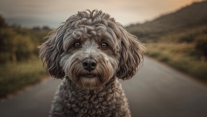 Portrait of an old poodle dog in a natural setting