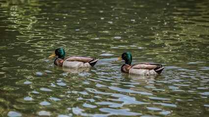 Obraz premium Ducks gliding across a pond in the summertime