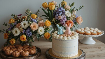 Easter-Themed Cake Surrounded by Floral Arrangements