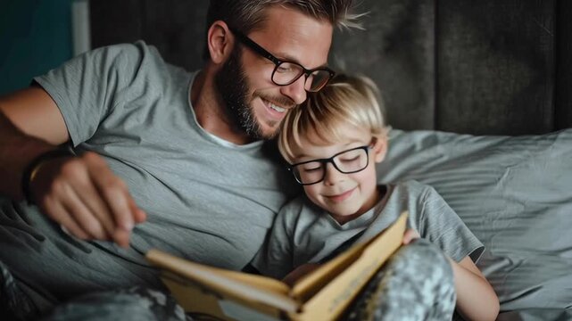 A man and a boy are reading a book together. The man is wearing glasses and the boy is wearing glasses as well. They are both looking at the book and seem to be enjoying the story