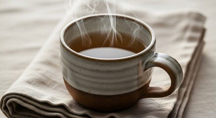 Herbal tea with rising steam served in handmade mug on linen cloth in cozy warm light