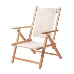 Folding wooden beach chair fabric seat isolated plain white, no shadow, casual summer look, lightweight