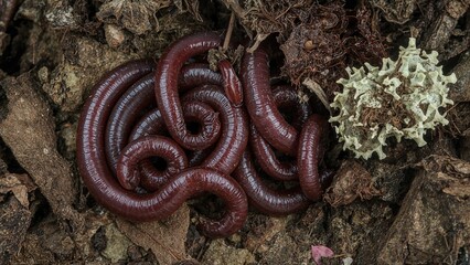 Macro shot of earthworms amidst moist compost