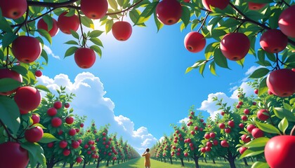 Lush Apple Orchard with Figure Harvesting Fruit