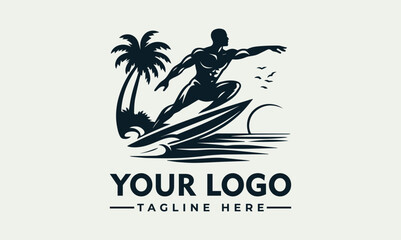 Silhouette of a muscular surfer riding a wave near a palm tree.