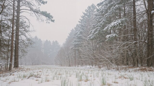 Nature's transition in early spring with residual snow among pine trees - Powered by Adobe