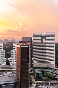Green certified skyscrapers with vertical gardens at sunset, Kuala Lumpur, Malaysia
