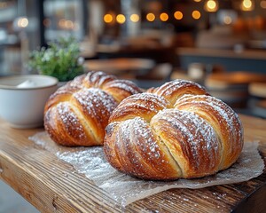 Two sugared pastries on a wooden surface