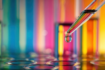 Close-up of transparent test tube with blue droplet hanging from pipette tip, scientific research concept, laboratory equipment illustration.