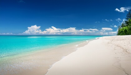 Fototapeta premium relaxing beach sand landscape with tranquil turquoise water under a bright blue sky