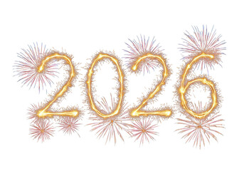 The year 2026 is spelled out in fireworks isolated on transparent background