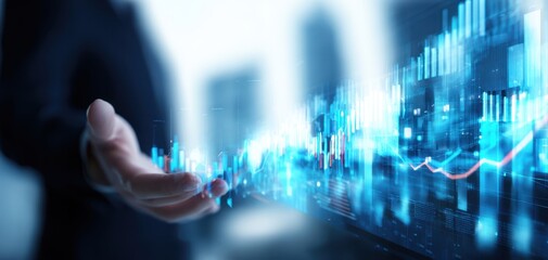 The hands of a professional presenting a futuristic digital financial interface