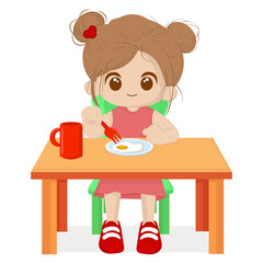 Vector illustration of a cartoon girl sitting at a table and eating a fried egg for breakfast with...