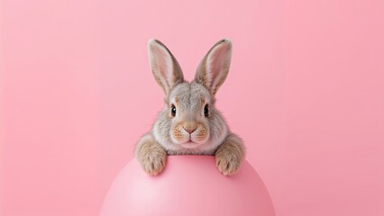 Obraz premium 3D model of a bunny peeking through an opening with a pastel pink background