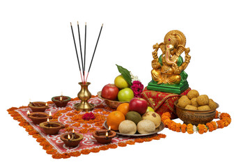 Ganesha idol with offerings for diwali, isolated on transparent background