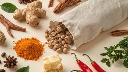 Medical dried earbuds kept in a small bag with herbs and spices