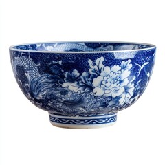 Traditional noodle bowl ceramic ornate design isolated white background, no shadow, Asian style tableware