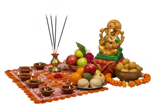 Ganesha idol with offerings for diwali, isolated on transparent background
