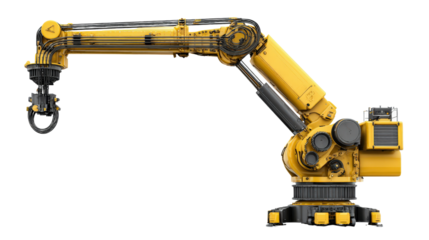 Articulated crane arm with hydraulic joints background isolated on a Transparent background, PNG file.