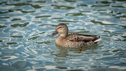 Fototapeta premium A duck swimming peacefully on the lake surface